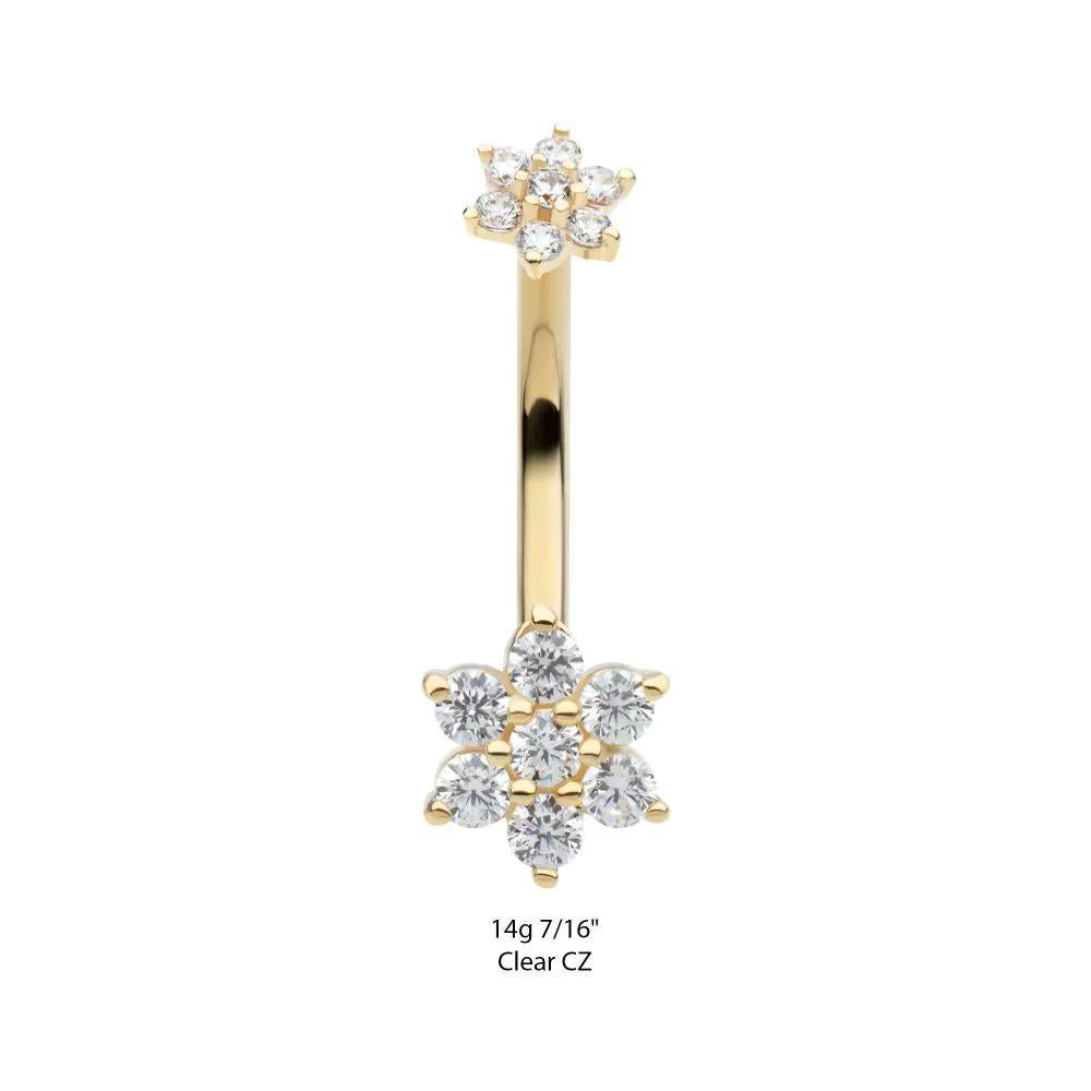 Invictus | 14k gold | Pronged Round Clear CZ Double Flower Navel Curve | 14g 7/16