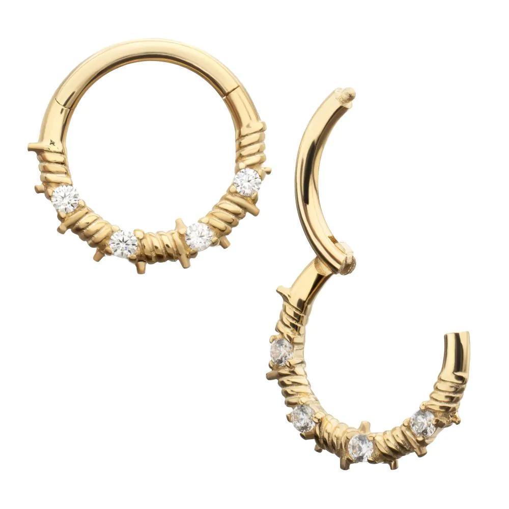 Invictus | 14k Gold | Yellow Gold Barbed Wire Wrap w/ Prong Set Gem Front Facing Hoop | Cubic Zirconia