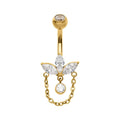 Invictus | 24k Gold PVD Titanium | Internally Threaded Marquise Gem Navel w/ Floating Gem + Dangle Chain | Cubic Zirconia