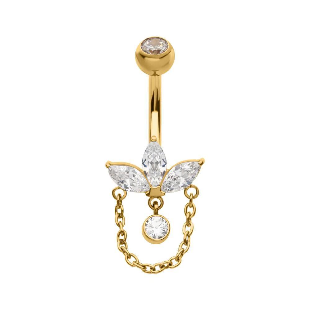 Invictus | 24k Gold PVD Titanium | Internally Threaded Marquise Gem Navel w/ Floating Gem + Dangle Chain | Cubic Zirconia