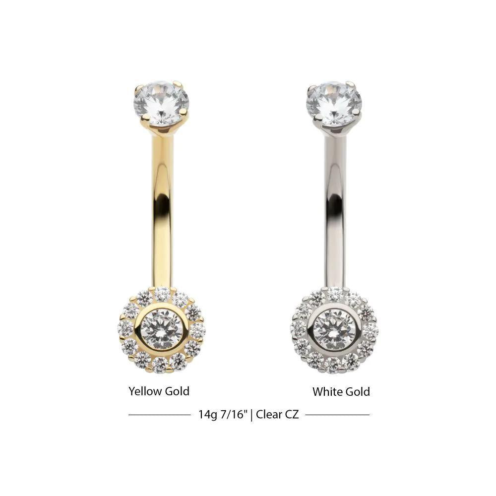 Invictus | 14k gold | Multi Clear CZ Flower Shape Navel Curve | 14g 7/16