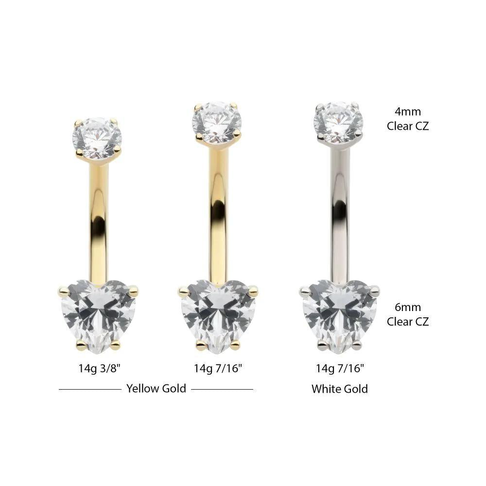 Invictus | 14k gold | 4-Prong Round & Heart Clear CZ Navel Curve