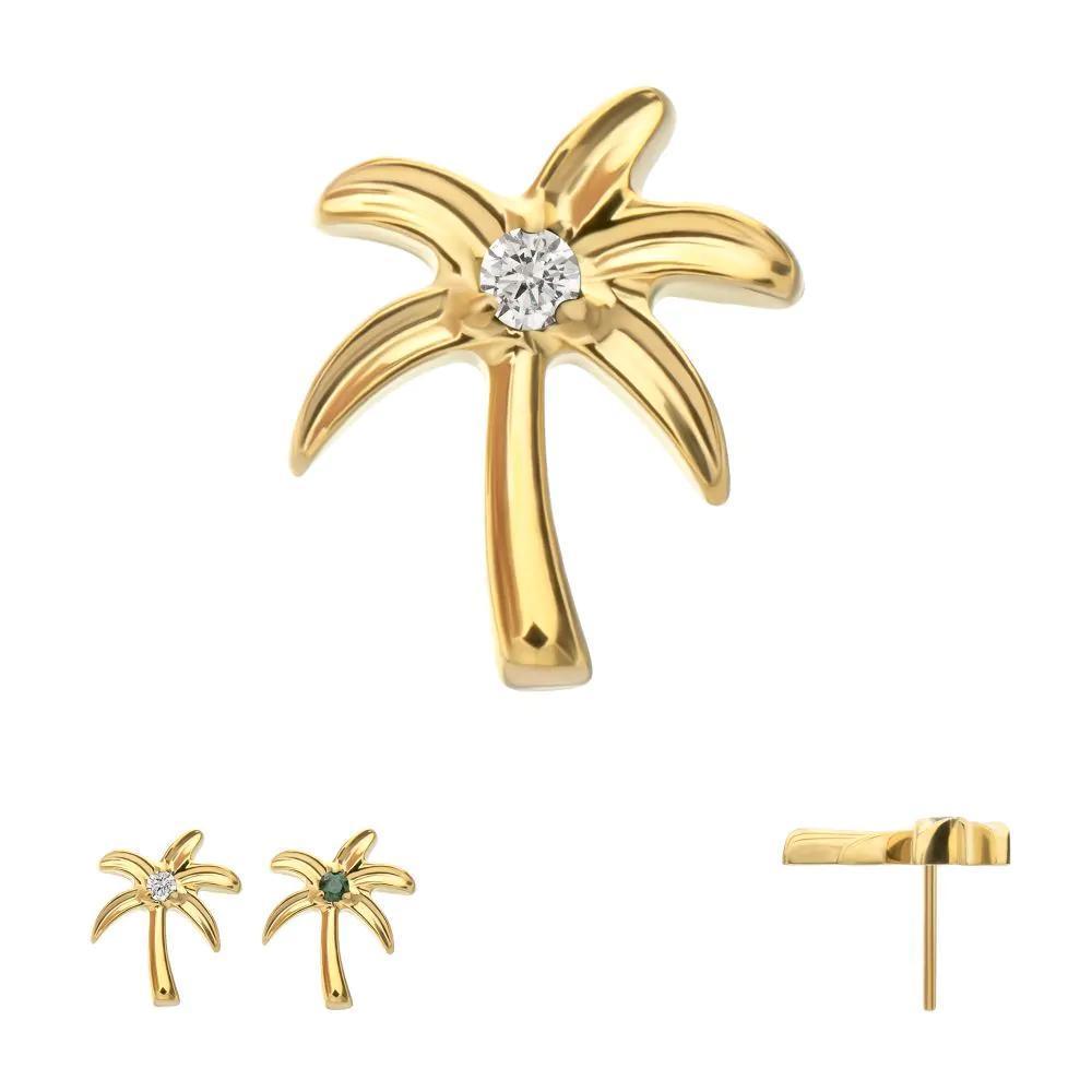 Invictus | 24k Gold PVD Titanium | Threadless Low Profile 3D Palm Tree w/ Prong Set Gem Top | Cubic Zirconia