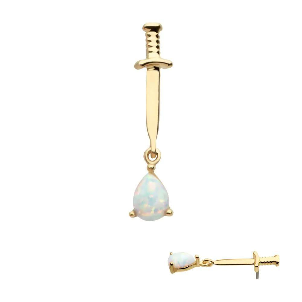 Invictus | 14k gold | Dagger with Teardrop Dangle | Synthetic White Opal