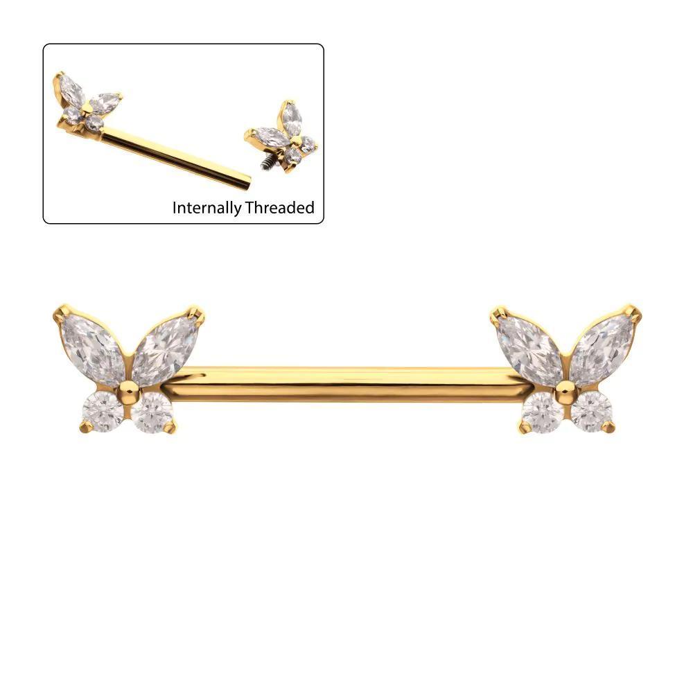 Invictus | 24k Gold PVD Titanium | Internally Threaded Prong Set Butterfly Gem w/ One Fixed Side Nipple Barbell | Cubic Zirconia