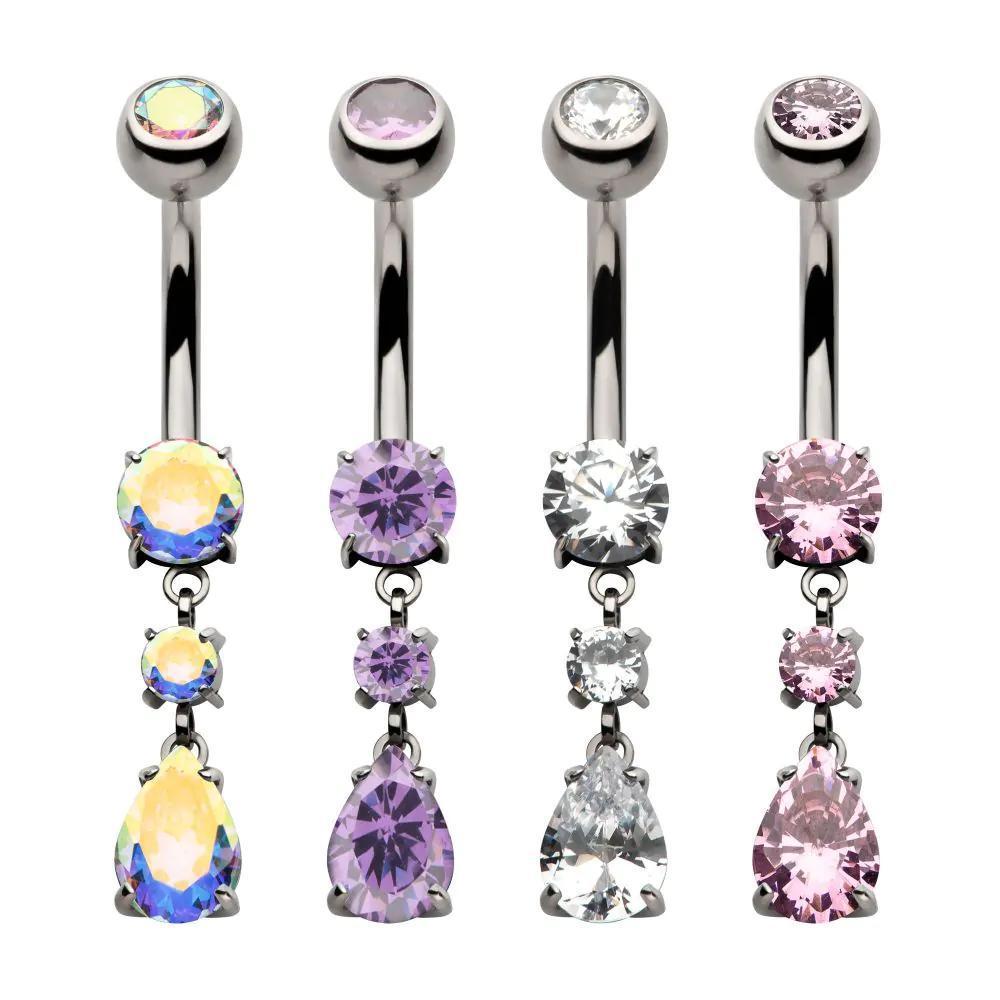 Invictus | Titanium | Internally Threaded Double Round Prong Set Gem w/ Teardrop Dangle Navel | Cubic Zirconia