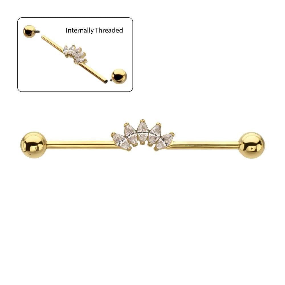 Invictus | 24k Gold PVD Titanium | Internally Threaded Industrial Barbell w/ 5 Marquise Gem Cluster | Cubic Zirconia