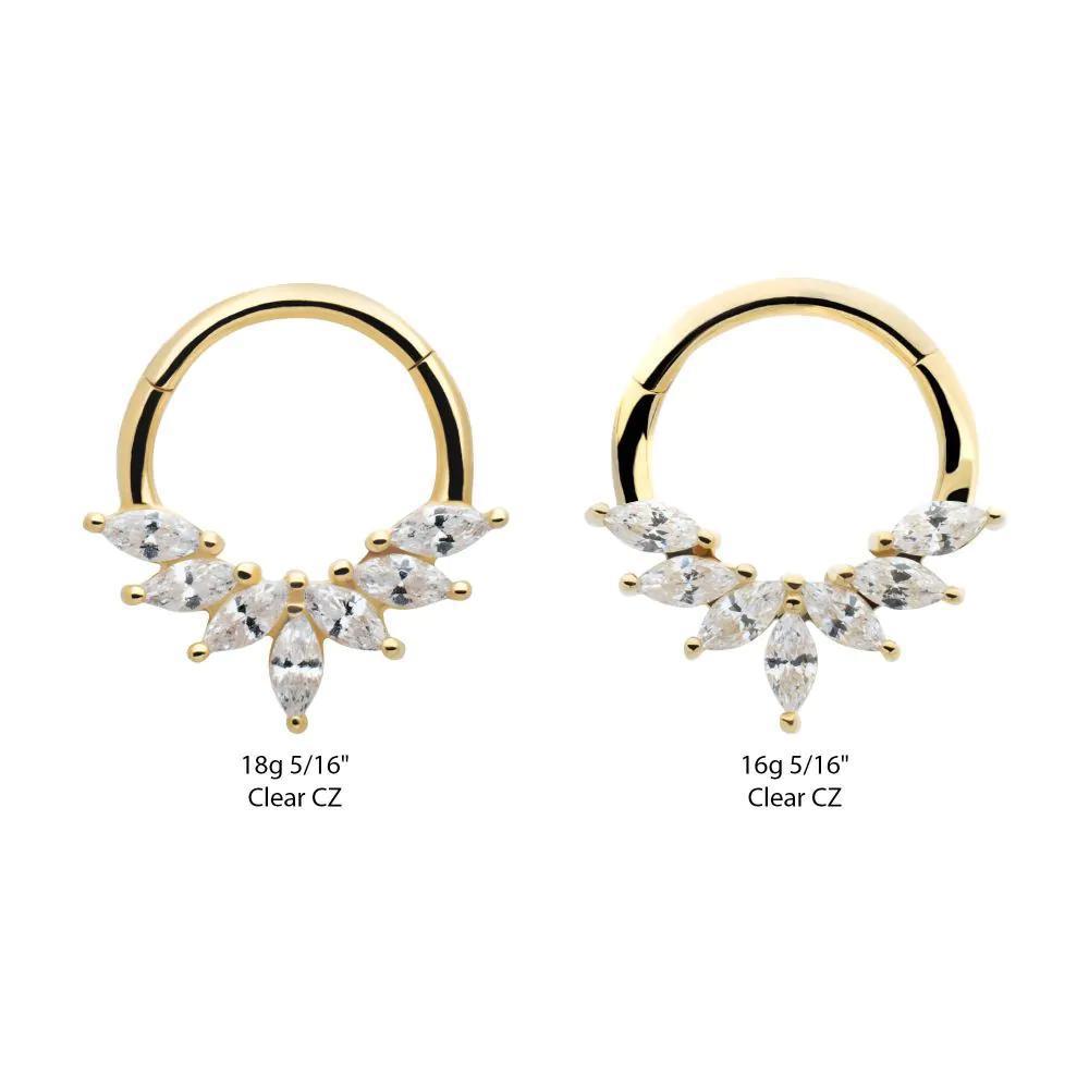 Invictus | 14k gold | Front Facing Hinged Hoop | 7-Marquise Wreath | Clear CZ