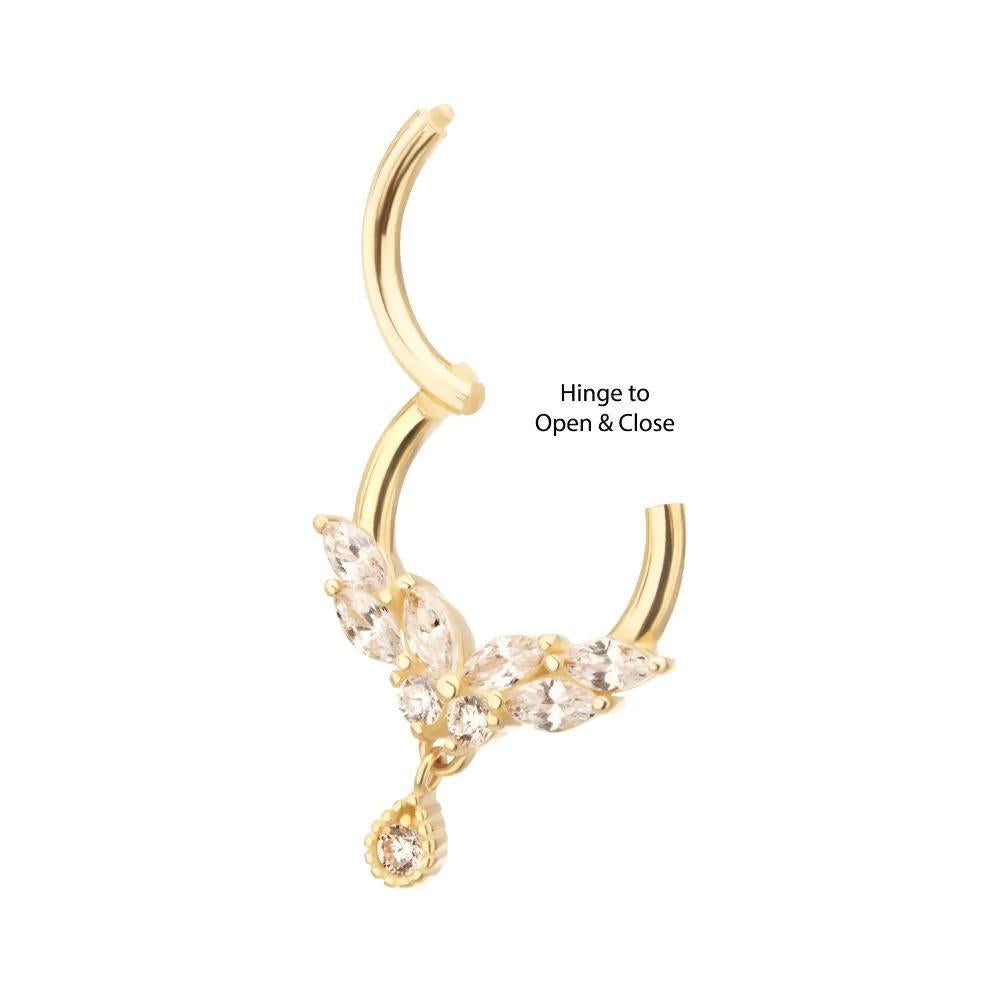 Invictus | 14k gold | Front Facing Hinged Hoop | Marquise Butterfly | Clear CZ