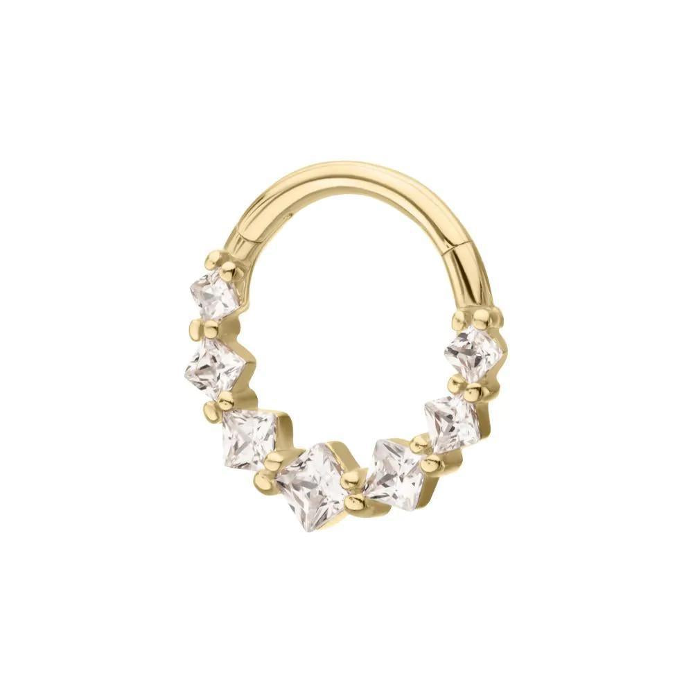 Invictus | 14k gold | Prong Princess Clear CZ Cluster Front Facing Hinged Hoop