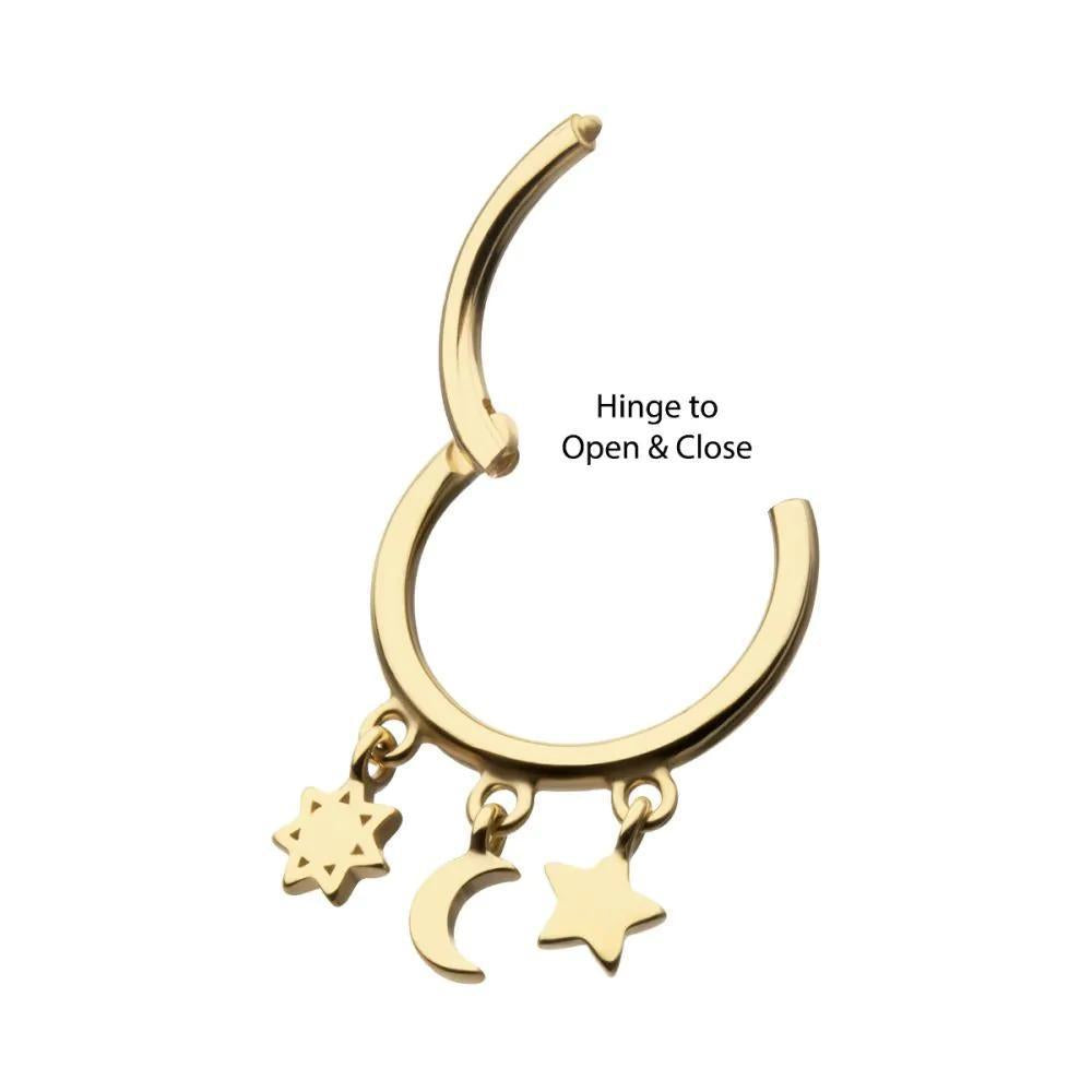 Invictus | 14k gold | Huggie Hoop | Star + Moon Dangle