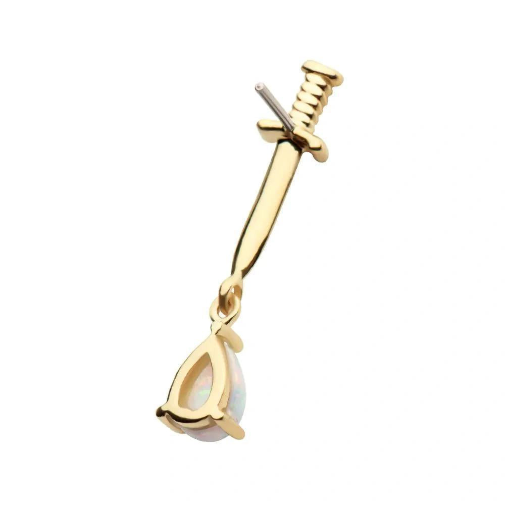 Invictus | 14k gold | Dagger with Teardrop Dangle | Synthetic White Opal