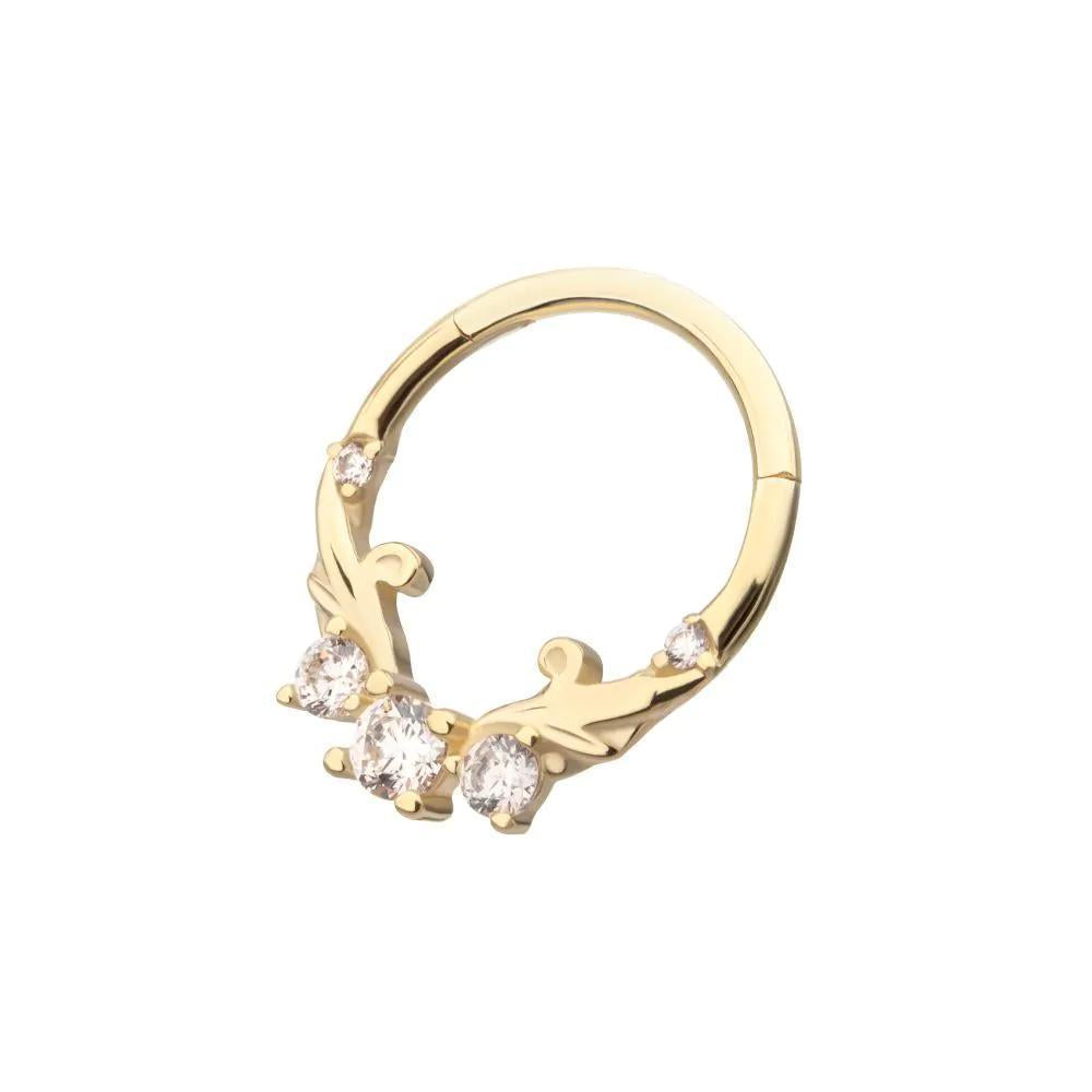 Invictus | 14k gold | Forward Facing Hinged Hoop | Vine with Pronged Gems | Clear CZ