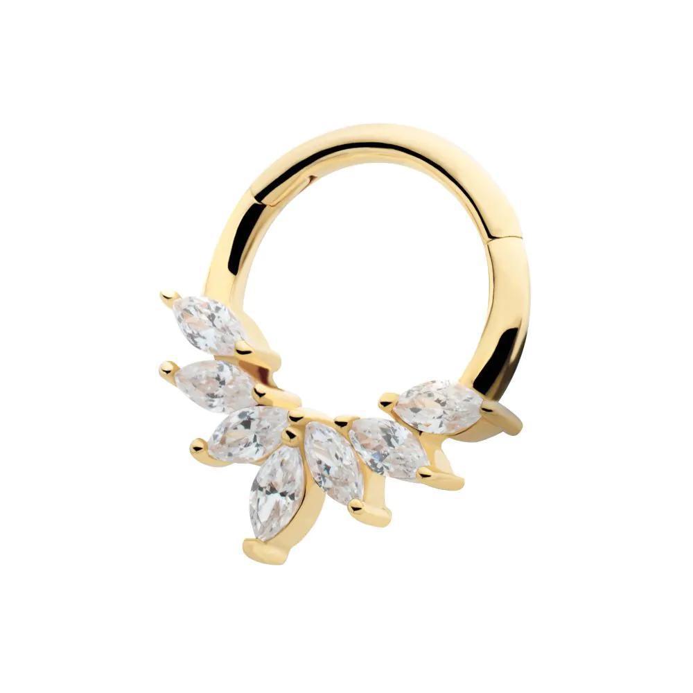 Invictus | 14k gold | Front Facing Hinged Hoop | 7-Marquise Wreath | Clear CZ