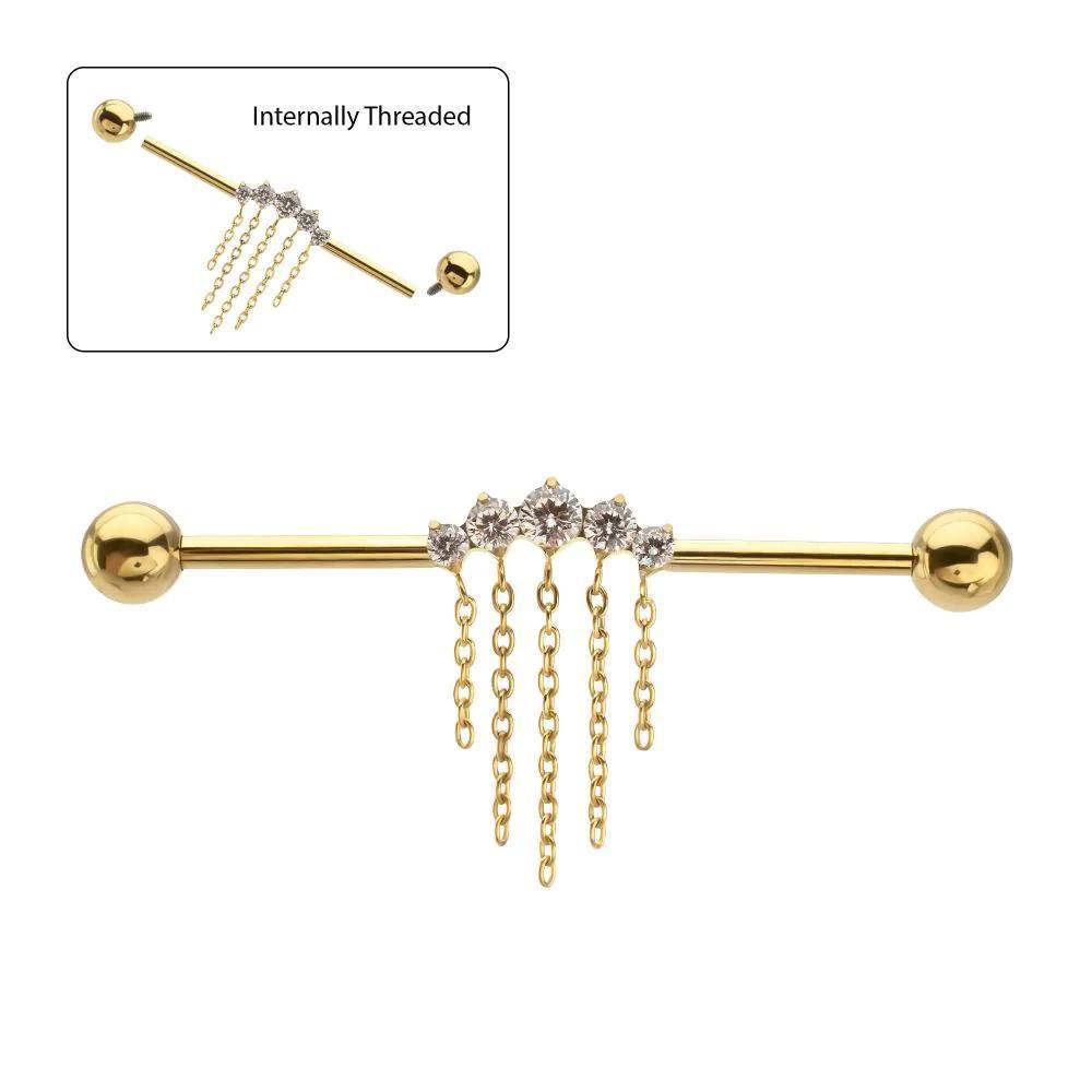 Invictus | 24k Gold PVD Titanium | Internally Threaded Industrial Barbell w/ 5 Gem Cluster + 5 Chain Dangle | Cubic Zirconia